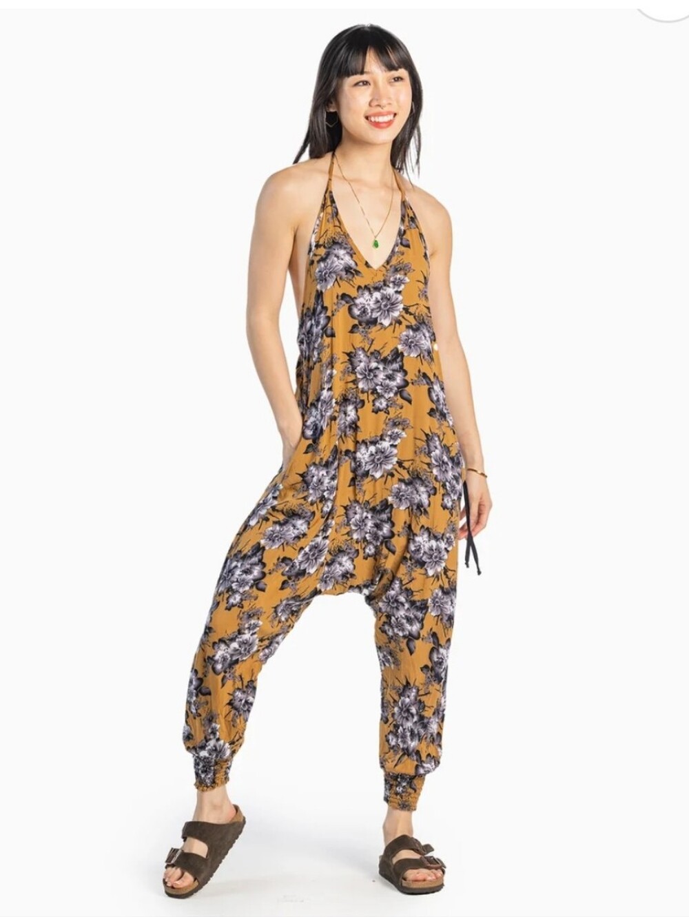 Buddha Pants Savannah Floral Harem Jumpsuit – Brown Flower Size MED– EUC